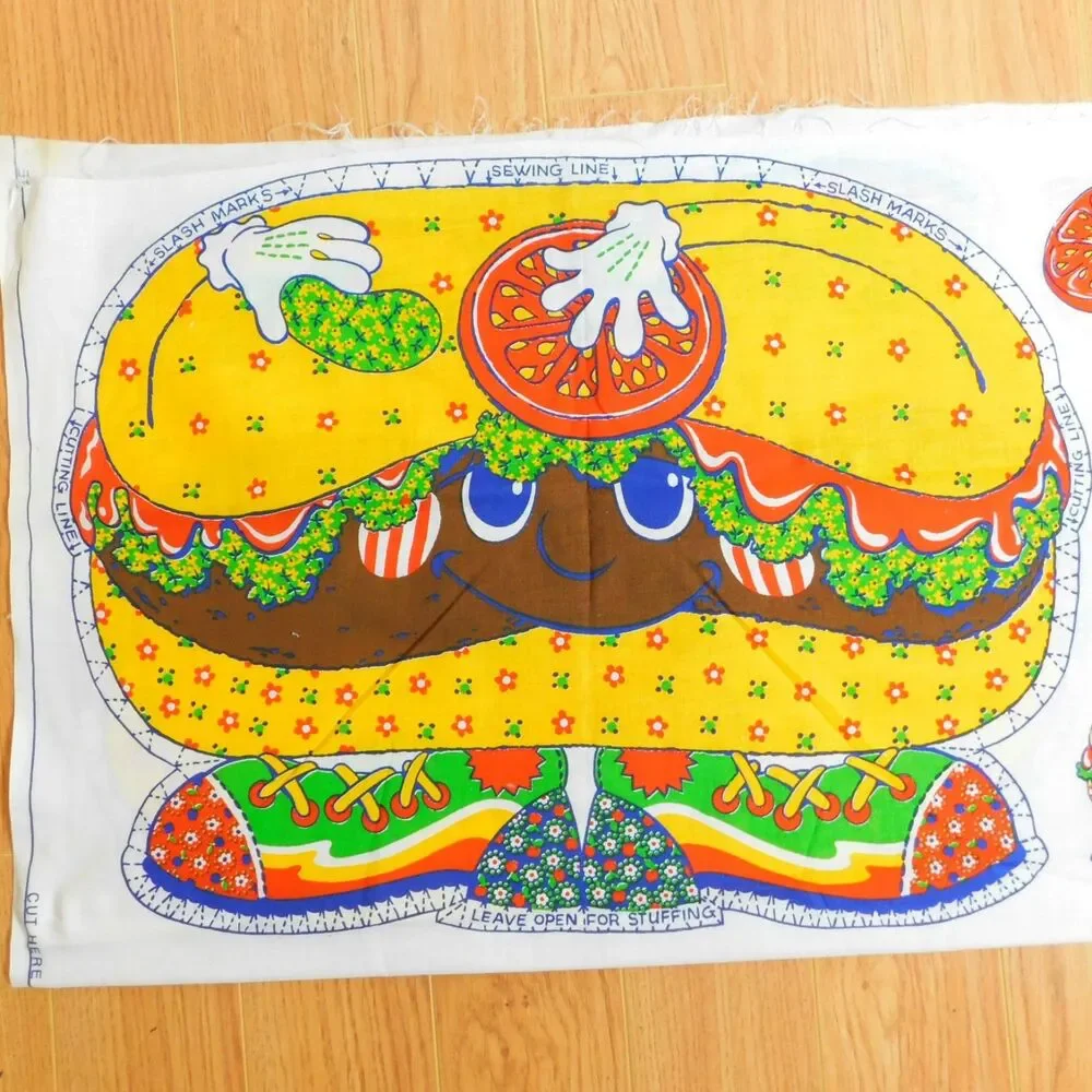 Calico Burger Pillow Panel Fabric Sewing Cushion Vintage Craft Cute Novelty NEW